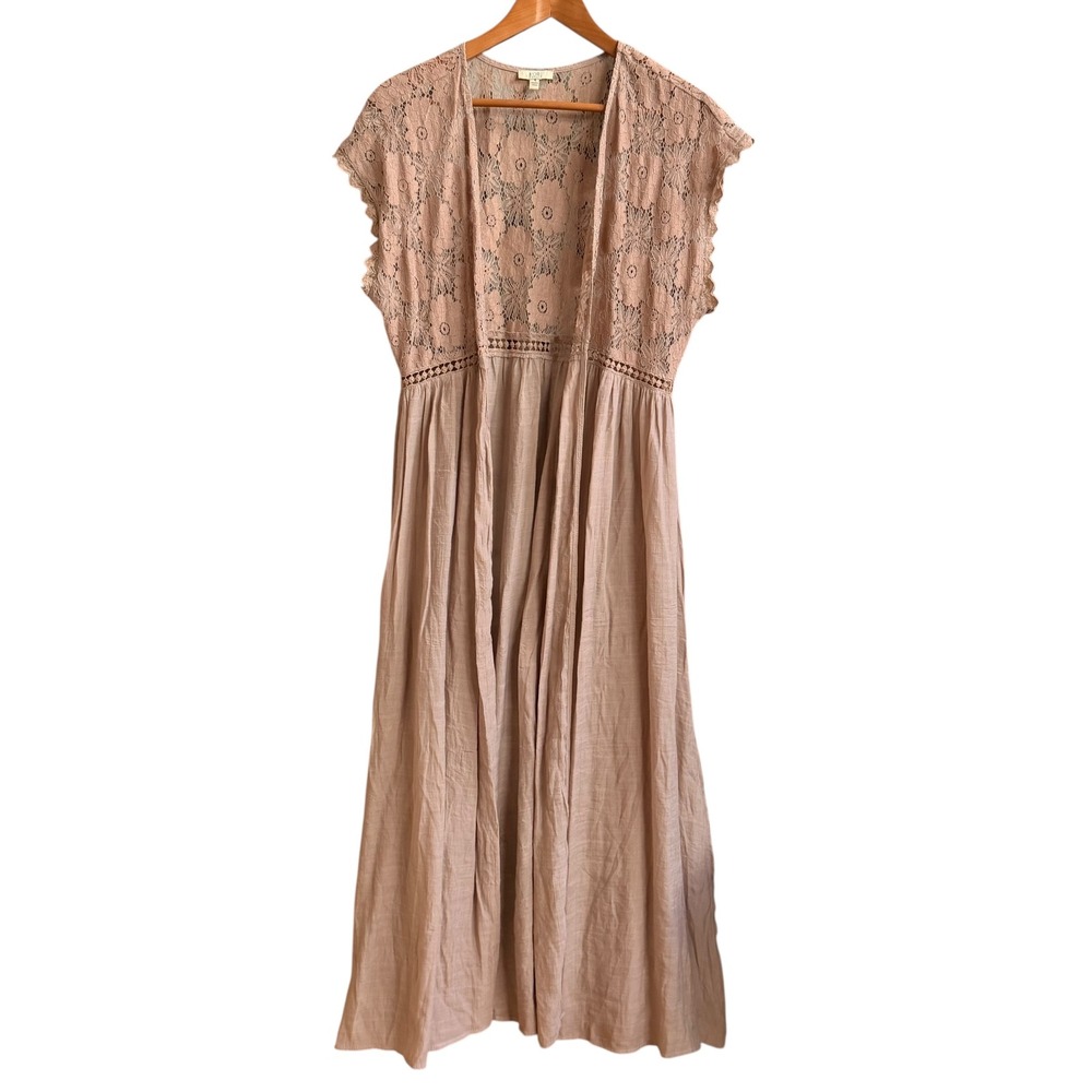 Kori Kaftan Floral Lace Beige Tan‎ Maxi Open Front Flowy Festival  Romantic SM